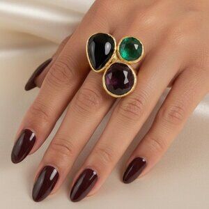 NEW Statement Cocktail Gemstone Cluster Ring 24K Plated Onyx Amethyst Emerald